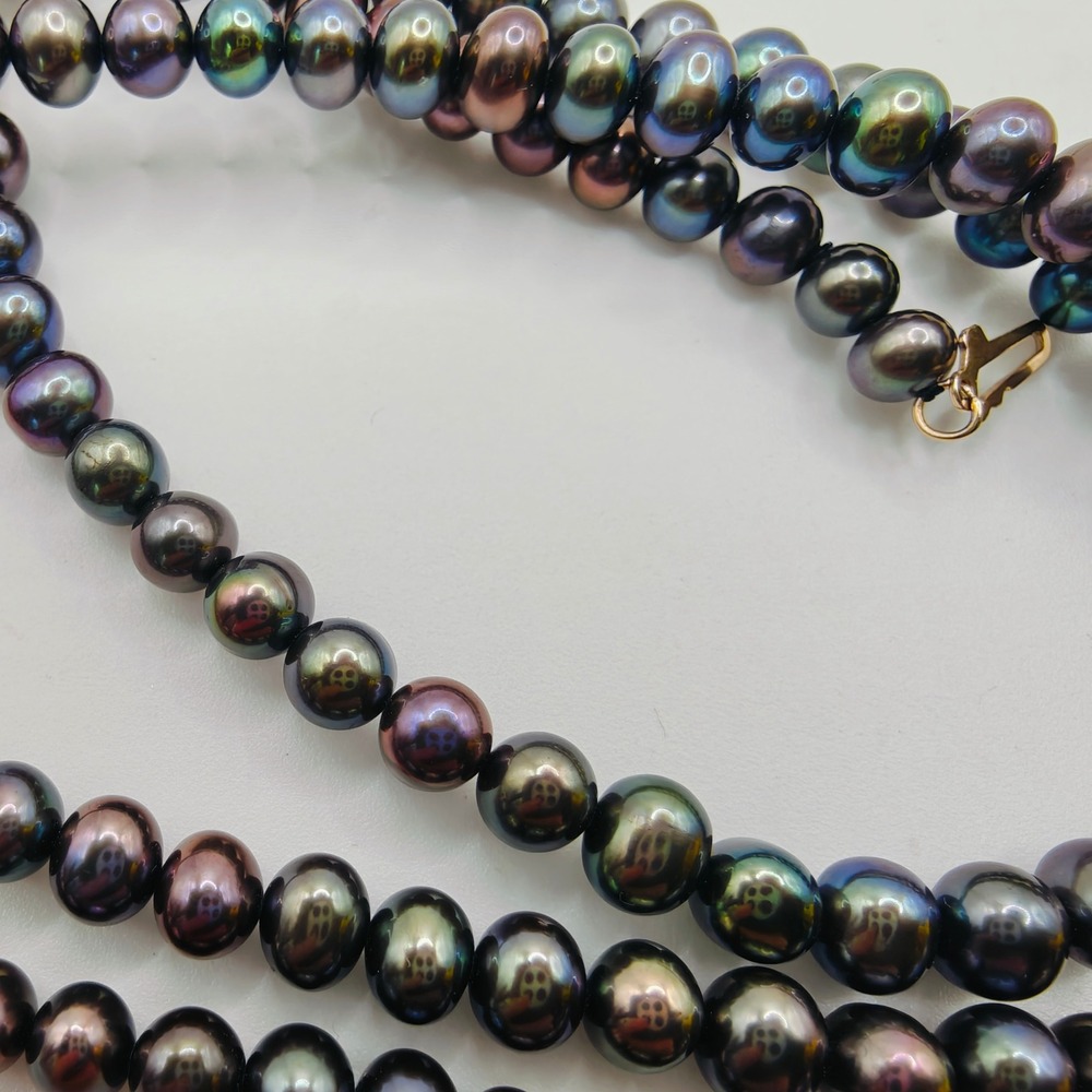 RTI 10k Gold Peacock Black Pearl Necklace‎ & Bracelet Set 4mm Iridescent Luster
